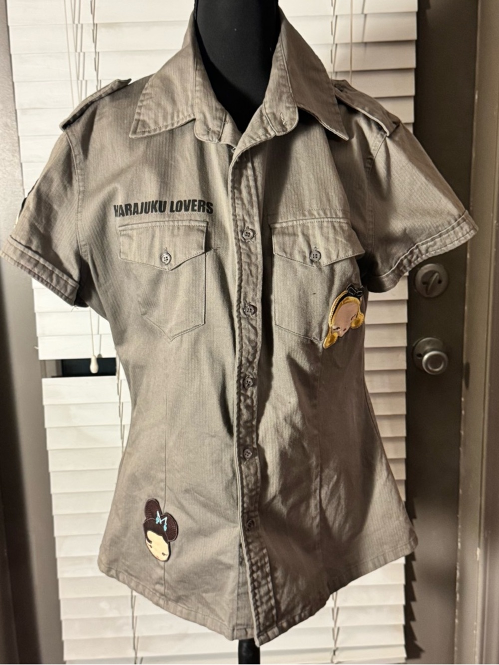 Harajuku Lovers Vintage Button Up Shirt Sz Med Gray/Green Gwen Stefani